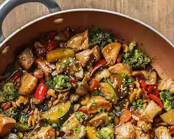 Chicken stir-fry with whole-wheat noodles and mixed vegetables